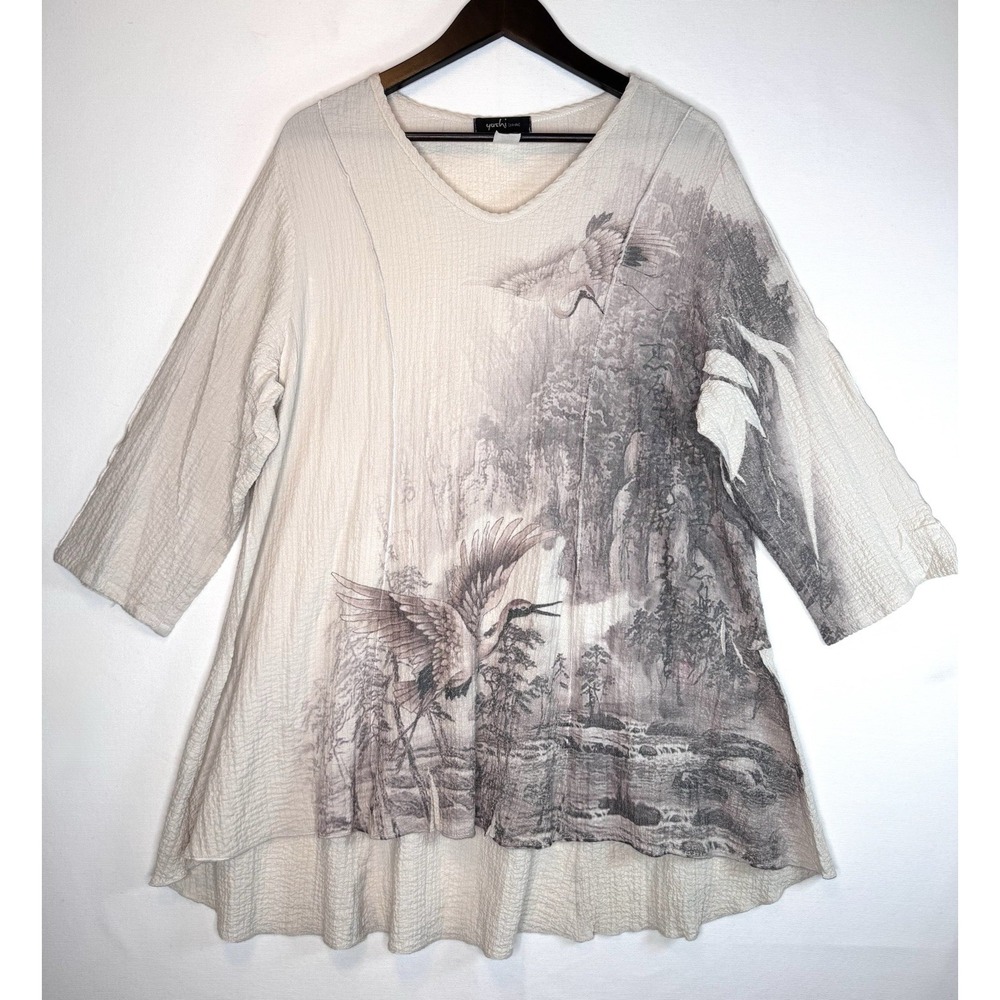 Yushi Art To Wear Tunic Top Size XL Crinkle 3/4 Sleeve Lagenlook Cream Nature